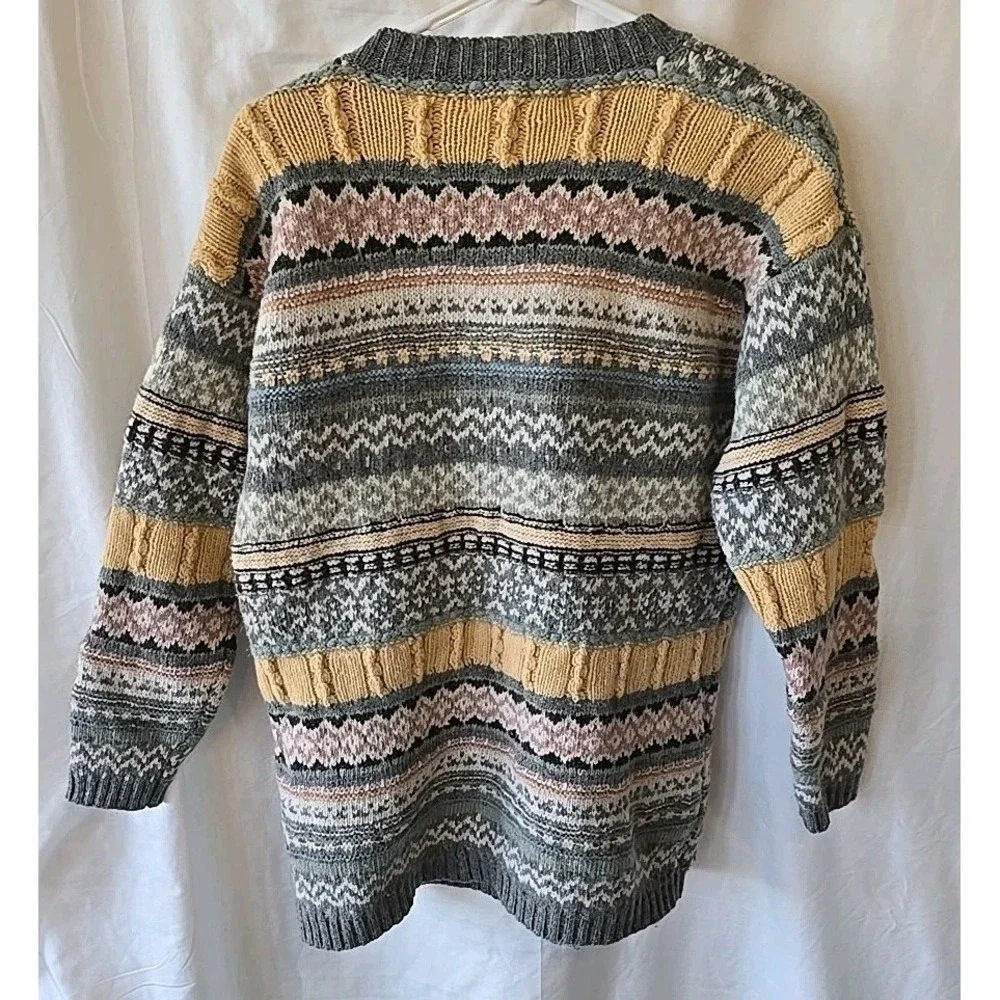CHAUS Sport Womens S 100% Lambswool Pink Gray Yellow Stripe‎ Pullover Sweater